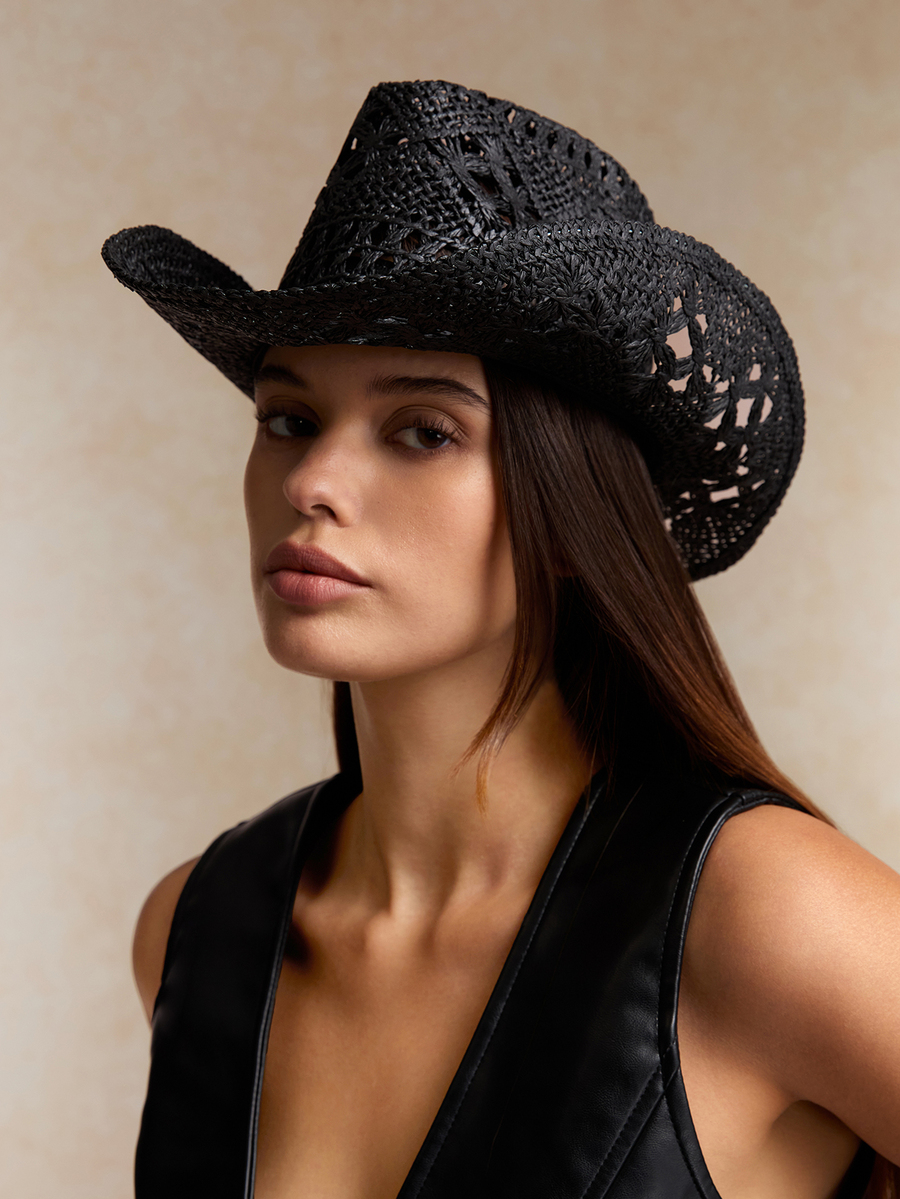 Black Woven Hollow-Out Boho Co - Cowboy Hat Straw reseña y precio