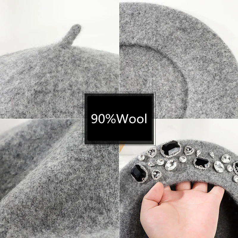 French Beret Thick Rhinestone  - Beret French Wool reseña y precio